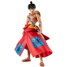 A full-body shot of a Luffy figure from One Piece wearing his samurai outfit and straw sandals.