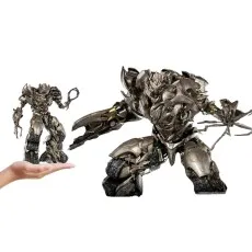 A large Megatron figure in a crouched position next to a much smaller version of the toy held in a hand.