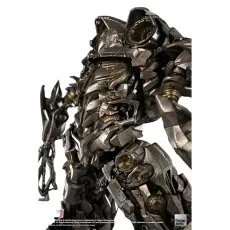 A low-angle shot of a Megatron action figure, showing the highly detailed body and a scowling face.