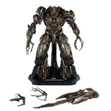 A Megatron action figure on a display stand with separate pieces including claws and a weapo.