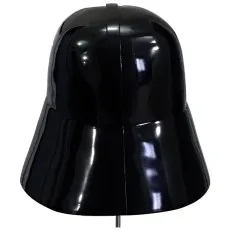 A rear view of a black Star Wars Darth Vader helmet, showing the full shape and glossy finish.
