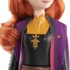 A full-body image of a doll of Anna from Frozen 2 with red hair and a purple coat.