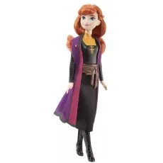 A full-body image of a doll of Anna from Frozen 2 with red hair and a purple coat.