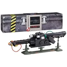 A detailed Ghostbusters Proton Pack wand on a display stand, with its box in the background