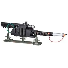 A close-up side view of the Ghostbusters Proton Pack wand on a display stand