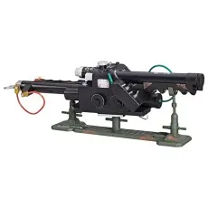 A full-length replica of a Ghostbusters Proton Pack wand on a display stand