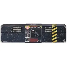 A long, dark gray box with a distressed, scratched look and a yellow and black caution stripe