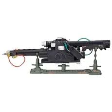 A side view of a Ghostbusters Proton Pack wand replica on a display stand