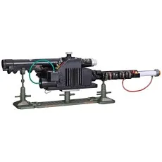 A side view of the detailed Ghostbusters Proton Pack wand on a display stand