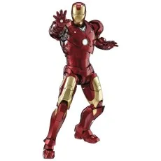 A detailed toy of Iron Man in his classic red and gold suit.