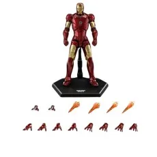 A collectible Iron Man toy with accessories like alternate hands and fiery jet effects.