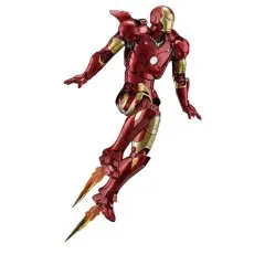 A detailed Iron Man figurine in a flight pose, with gold and red armor.