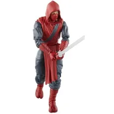 A crouched action figure of a ninja in a red and gray suit, holding a white sword
