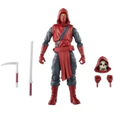 A detailed ninja action figure in a red and gray suit with a skull-faced head accessory