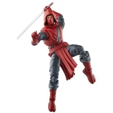 A dynamic action pose of a ninja figure in a red and gray suit with a raised sword