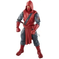 A front view of a red-hooded ninja action figure with a sword sheathed on its back