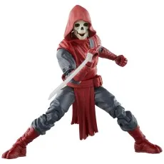 A red-hooded ninja action figure with a skull face is posed with a sword