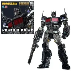 A dark Nemesis Prime action figure in a box with product branding, and a full figure standing beside it.