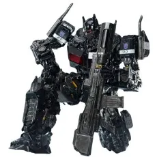 A detailed Nemesis Prime action figure, black with red accents, holding a gun.