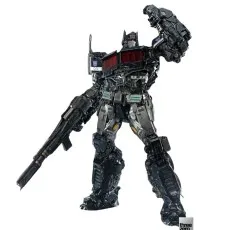A detailed shot of a Nemesis Prime figure with red accents and a Decepticon logo on its shoulder.