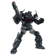 A Nemesis Prime action figure in a dynamic fighting pose, aiming a large gun forward.