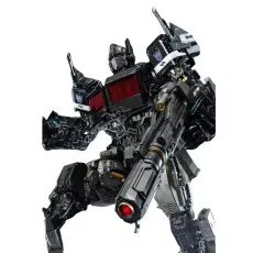 A Nemesis Prime action figure in a low, crouched fighting stance with a large gun.