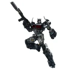 A Nemesis Prime figure in a dynamic leaping or jumping pose while holding a large gun.
