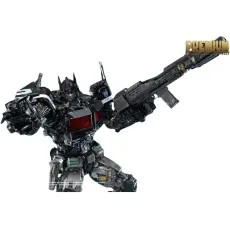 A Nemesis Prime figure in a dynamic pose with a large rifle, with the Premium logo visible.
