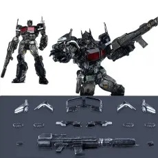 A Nemesis Prime figure in two poses and all of its accessories laid out on a gray background.
