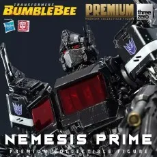 A Transformers Bumblebee Premium Nemesis Prime collectible figure, dark with red eyes and chest.