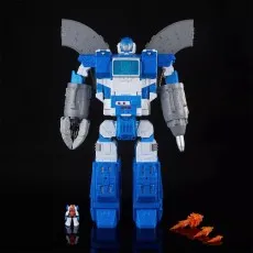 A blue and white Transformers robot with gray wings, standing with a small robot and flame effects