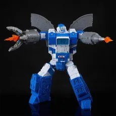 A Transformers action figure, colored blue and white, with large wings and two orange flame accessories on its arms