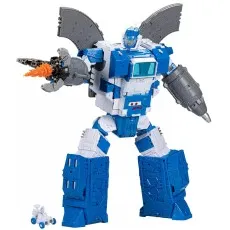 A white and blue Transformers action figure with large wings firing a weapon, with a smaller vehicle on the ground