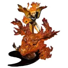 A dynamic Naruto action figure with his cape and hair appearing to be on fire. He is posed on a base of orange, transparent flame