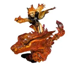 A close-up of a Naruto action figure, poised in a fiery stance on a clear orange fire base