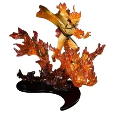 A dynamic action figure of Naruto with spiky hair and a yellow suit, posed on a base of translucent orange fire