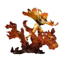 A dynamic Naruto action figure with his cape, arms, and hair looking as if they are made of fire, posed on a fiery base
