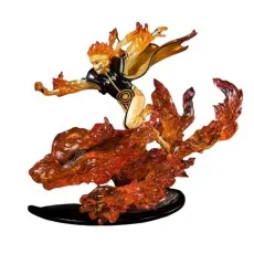 A highly detailed Naruto action figure in a black and orange suit, on a base of translucent orange fire