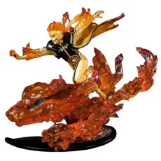 A Naruto action figure in a black and orange suit, on a base of translucent orange fire