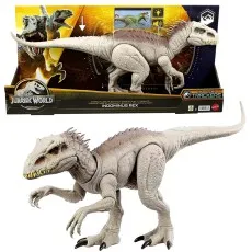 A Jurassic World Dino Trackers Indominus Rex toy, shown in its box and as a separate figure.