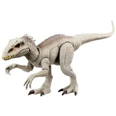 A full-body shot of a light-colored Indominus Rex dinosaur toy with a long tail and ridged back.