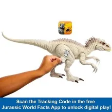 A hand holding an Indominus Rex toy to show its tracking code, with a phone app icon above..