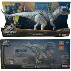 A Jurassic World Indominus Rex toy, showing both the front and back of its box.