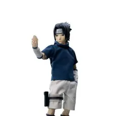 A front view of an articulated Sasuke action figure in a neutral pose, raising its right hand