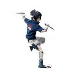 A dynamic action figure of Sasuke Uchiha from Naruto, posed holding two kunai knives