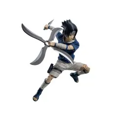 A highly articulated action figure of Sasuke from Naruto, posed in mid-air with a large shuriken and a kunai knife