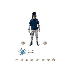 A Sasuke action figure with two different face sculpts, a blue lightning effect, two kunai knives, and various hand accessories