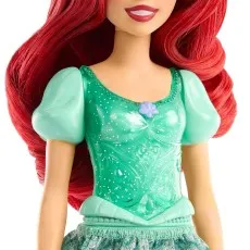 A close-up of a doll of Ariel, showing her green, sparkly dress with a purple accent.