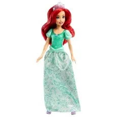 A full-body image of a Disney Princess Ariel doll with red hair, wearing a green, floor-length dress.