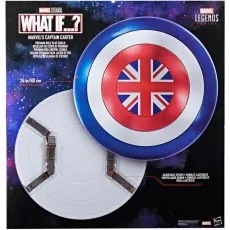 A Marvel's Captain Carter shield toy. The front has a Union Jack design, and the back has adjustable straps.